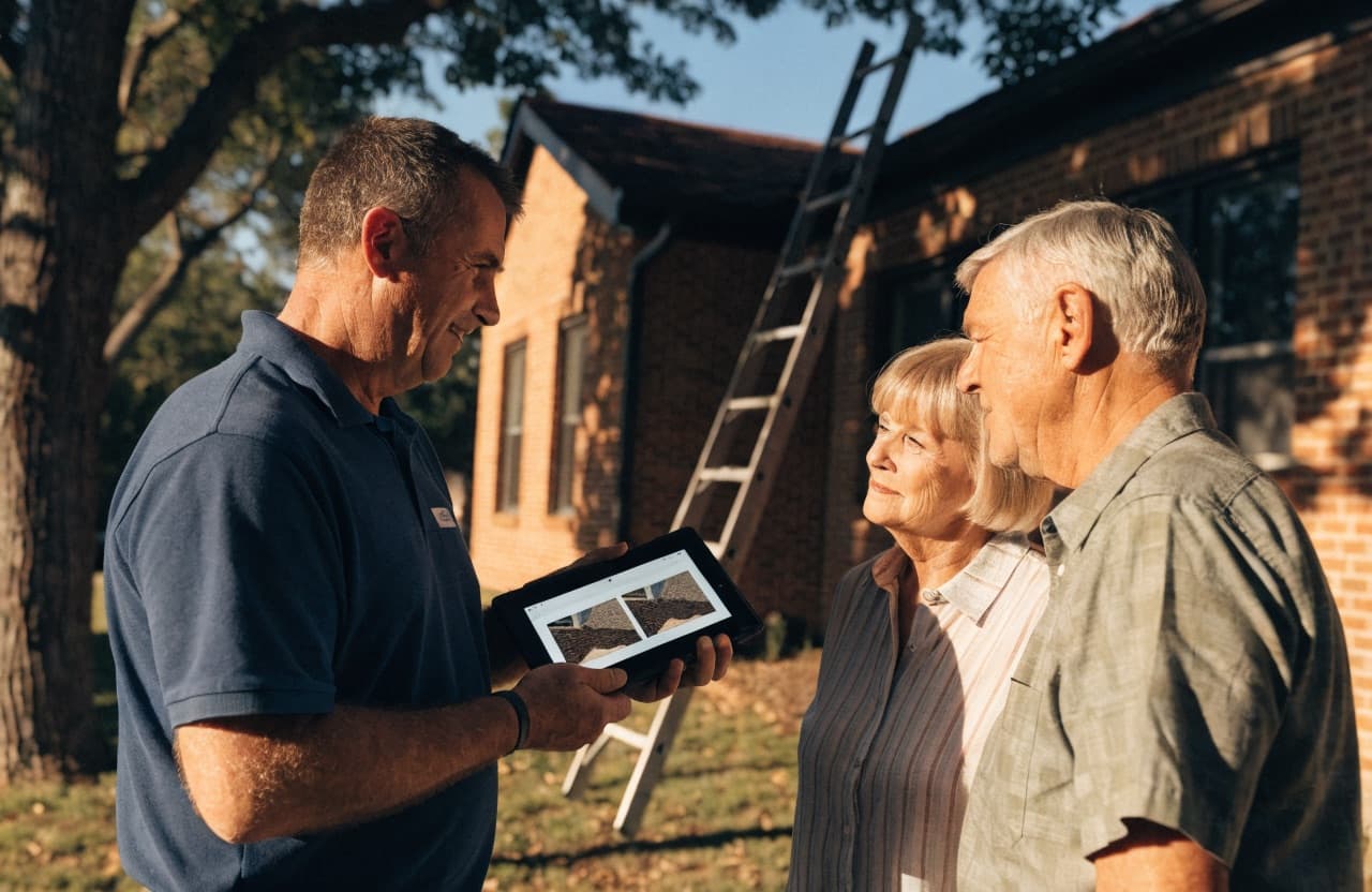 Roofing contractor showing inspection photos on a tablet to a reassured older couple outside their home
