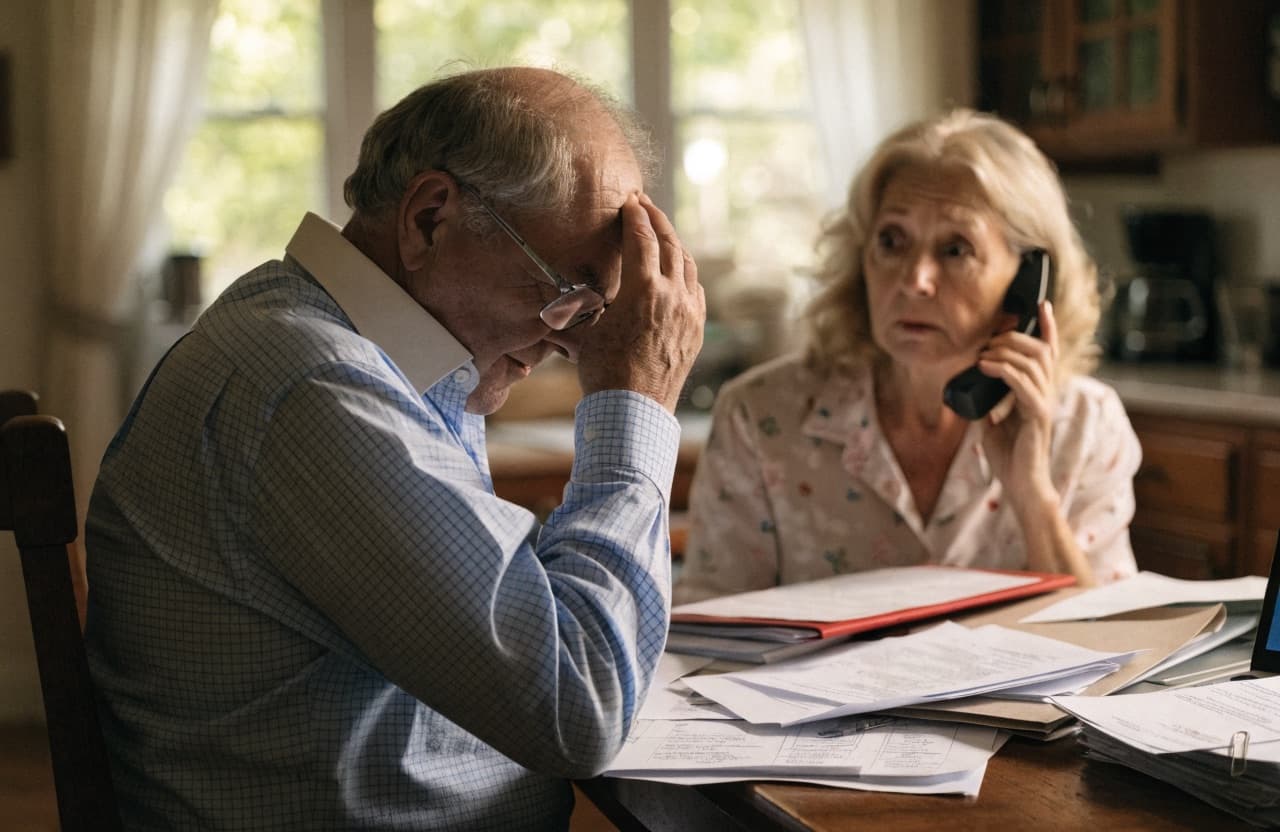 Overwhelmed older couple sorting through insurance claim paperwork at their kitchen table