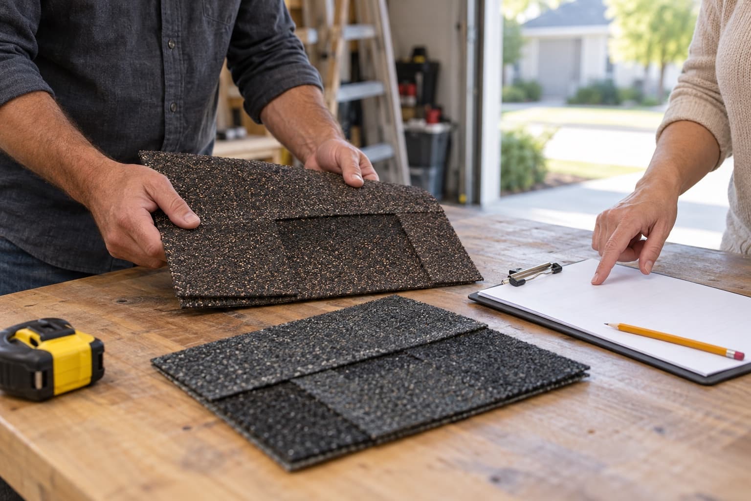 AI-generated illustration of a homeowner and contractor comparing asphalt-shingle samples and paperwork