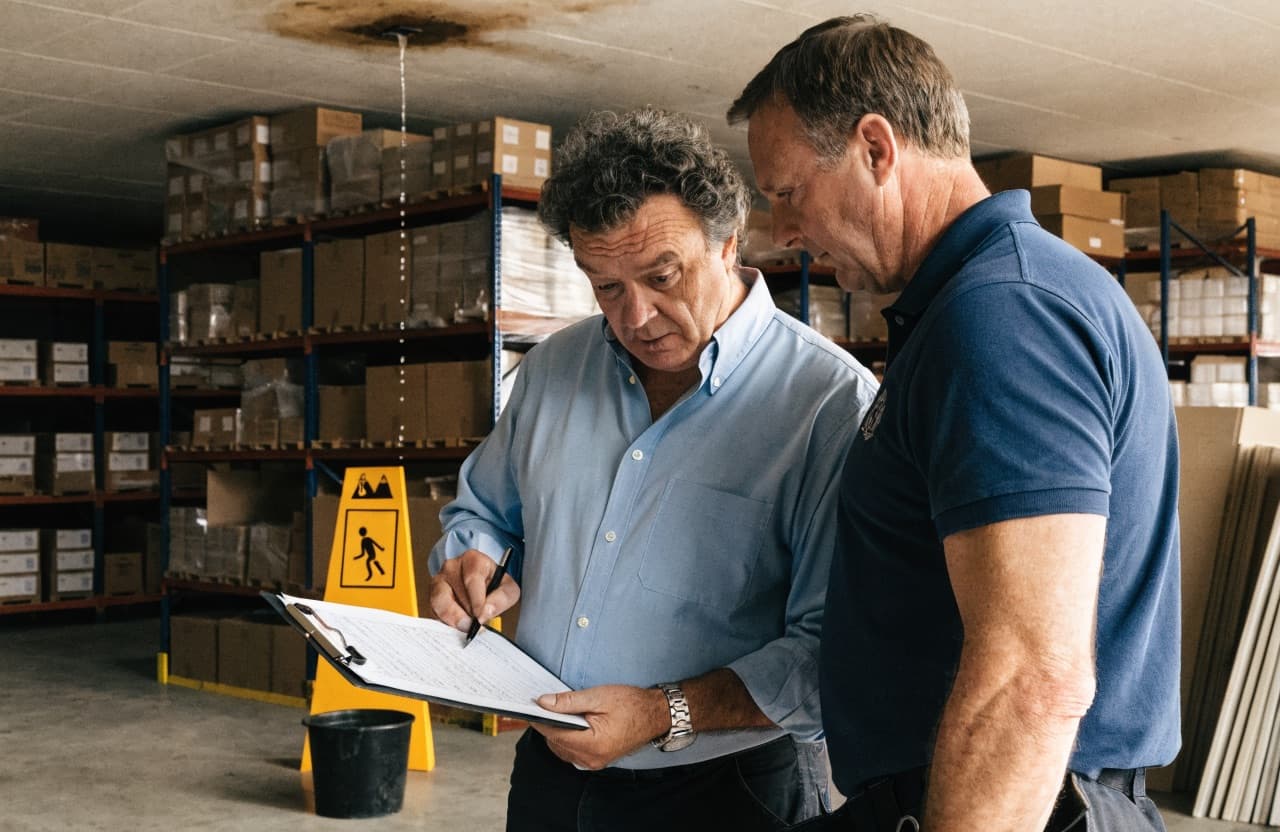Warehouse manager and roofing contractor reviewing an inspection report beside an active ceiling leak