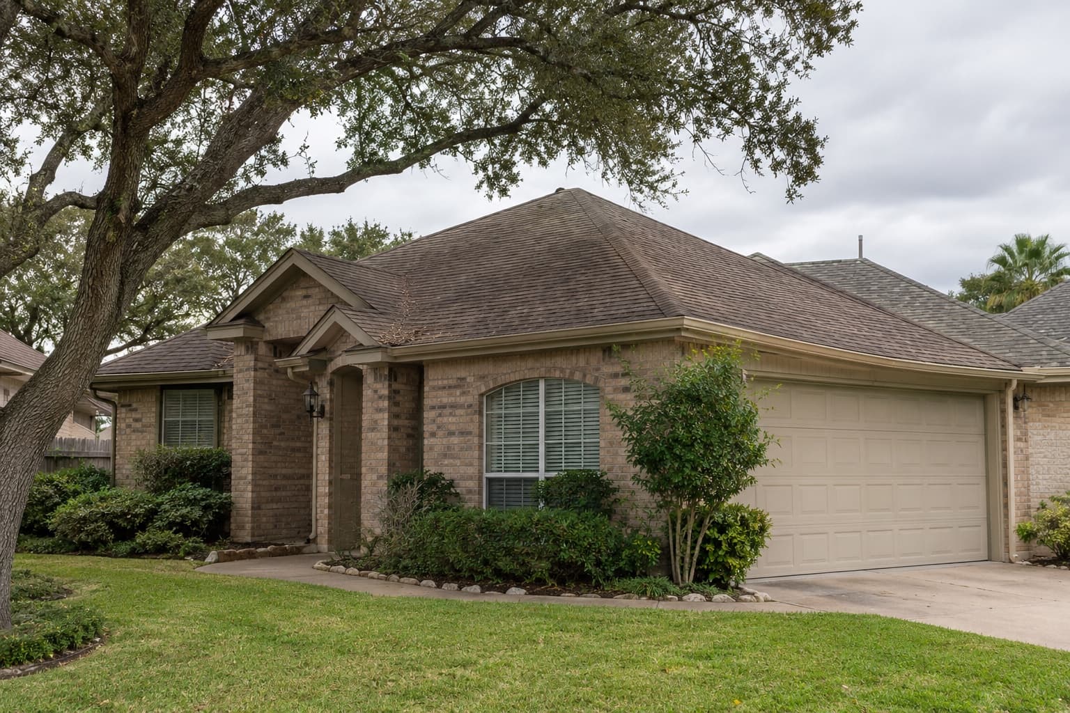 AI-generated illustration of a brick Texas home with a weathered asphalt-shingle roof