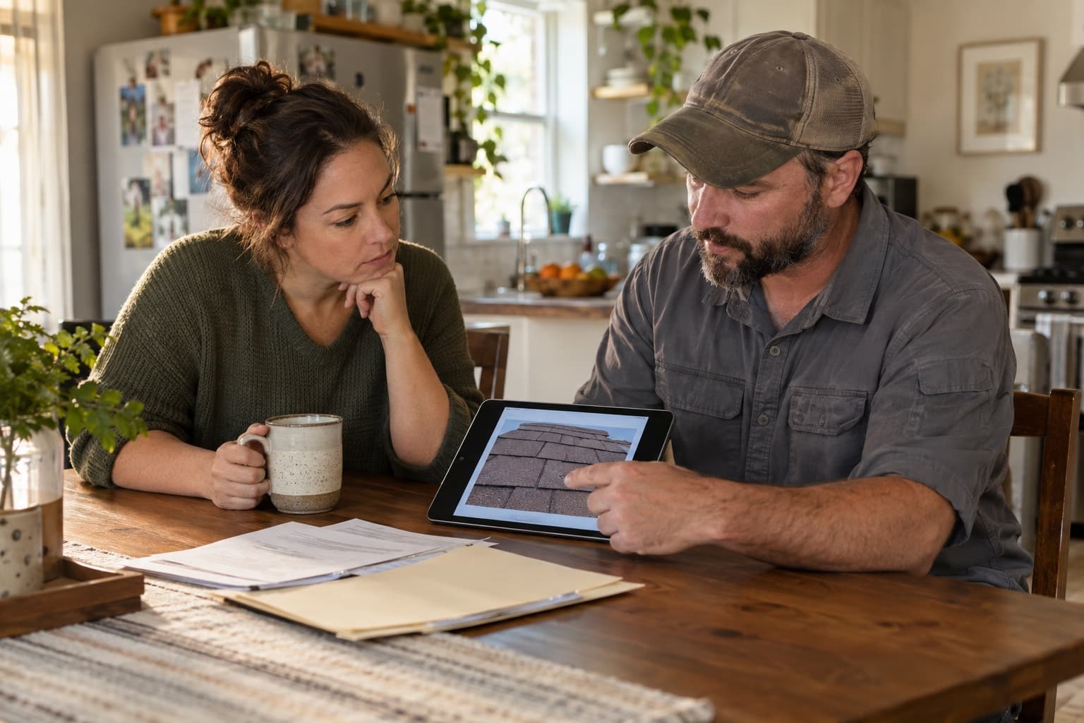 AI-generated illustration of a homeowner and contractor reviewing roof photos on a tablet